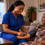 Registered nurse providing home nursing care to a patient