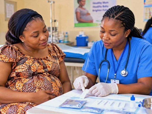 Nigerian nurse conducting a rapid health test for a pregnant woman at an antenatal clinic.