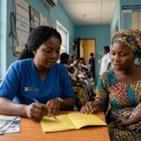 Nigerian nurse reviewing a child's immunisation record with a mother at a healthcare centre.