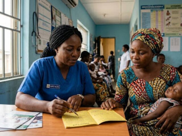 Nigerian nurse reviewing a child's immunisation record with a mother at a healthcare centre.